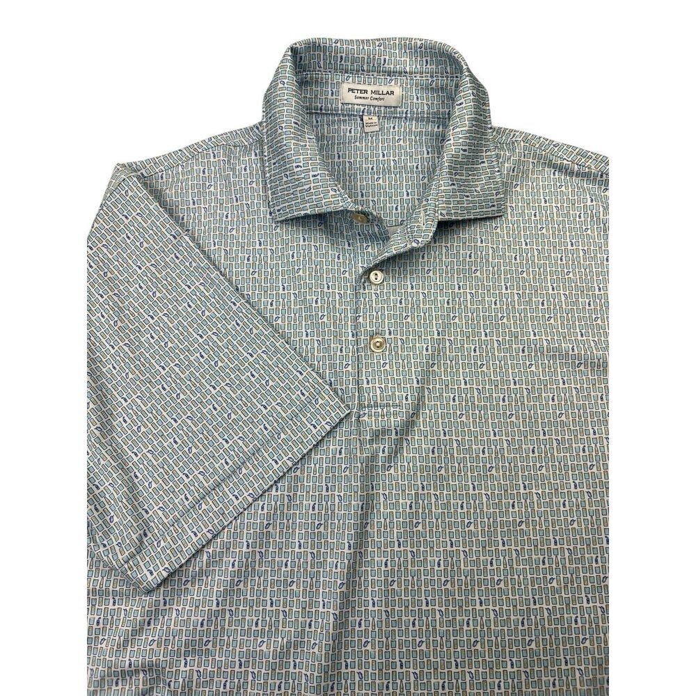 Peter Millar Polo Shirt Mens Medium Geometric Summer Comfort Golf Cowboy Drinks
